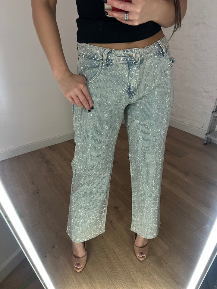 Acid Wash Diamanté Mid-Rise Star Wide Leg Jeans