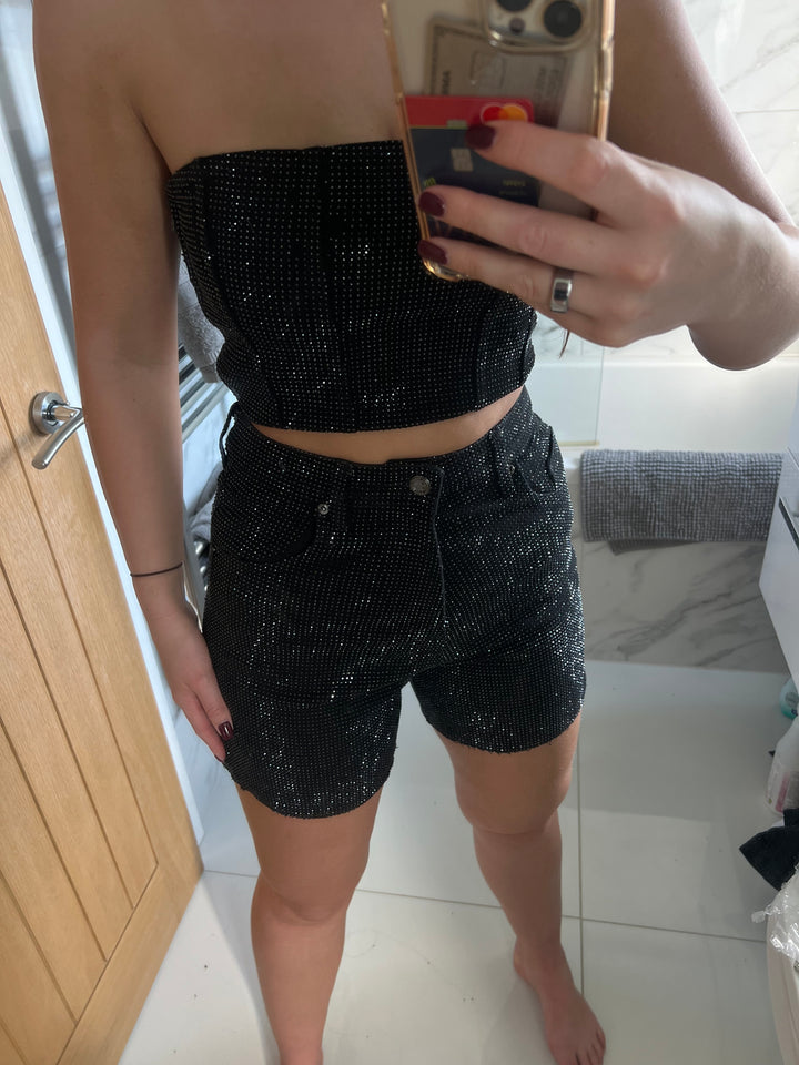 Black Longer Length Diamanté Shorts