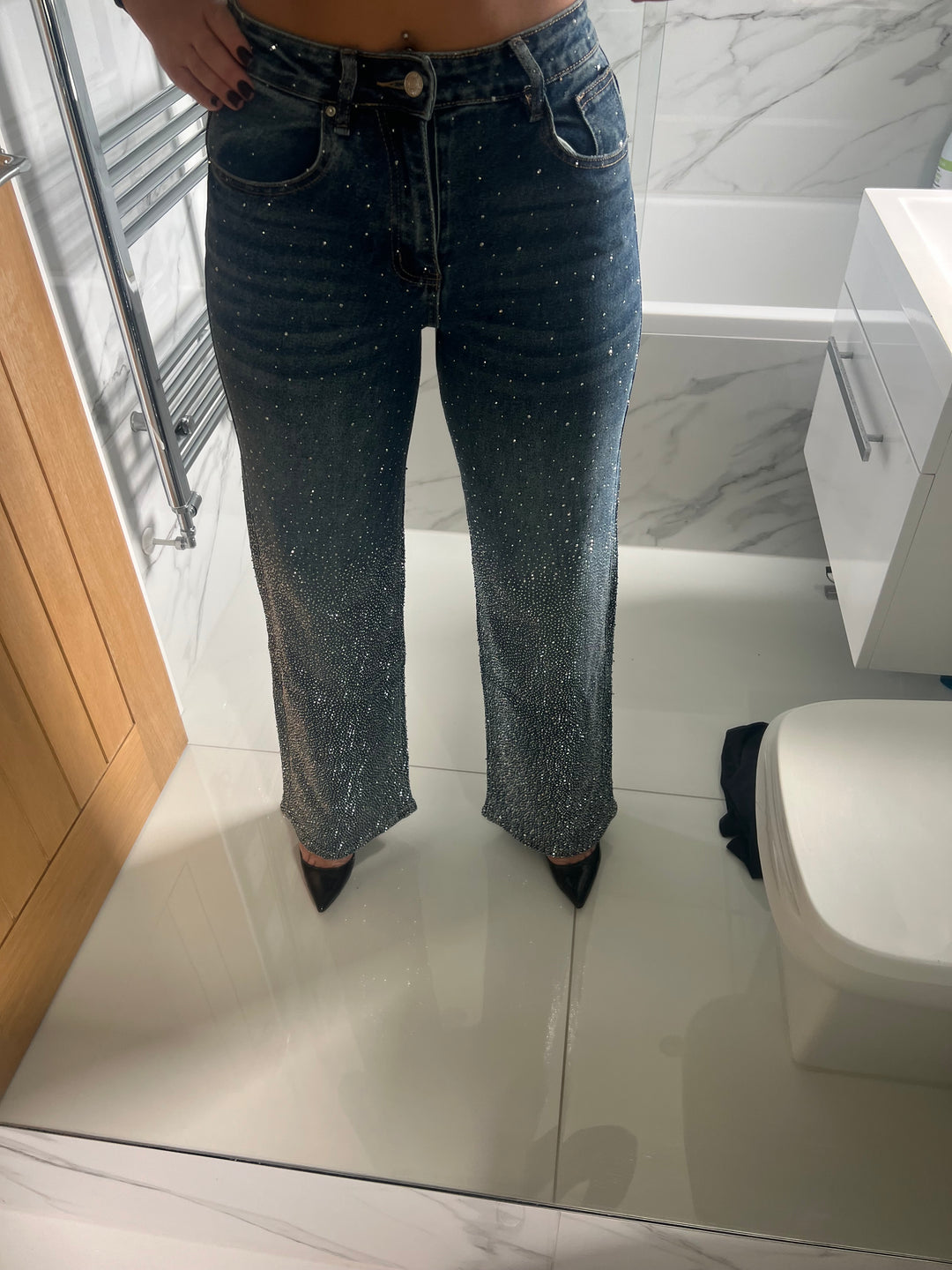 Dark Blue Plain Pocket Diamanté Ombre Jeans