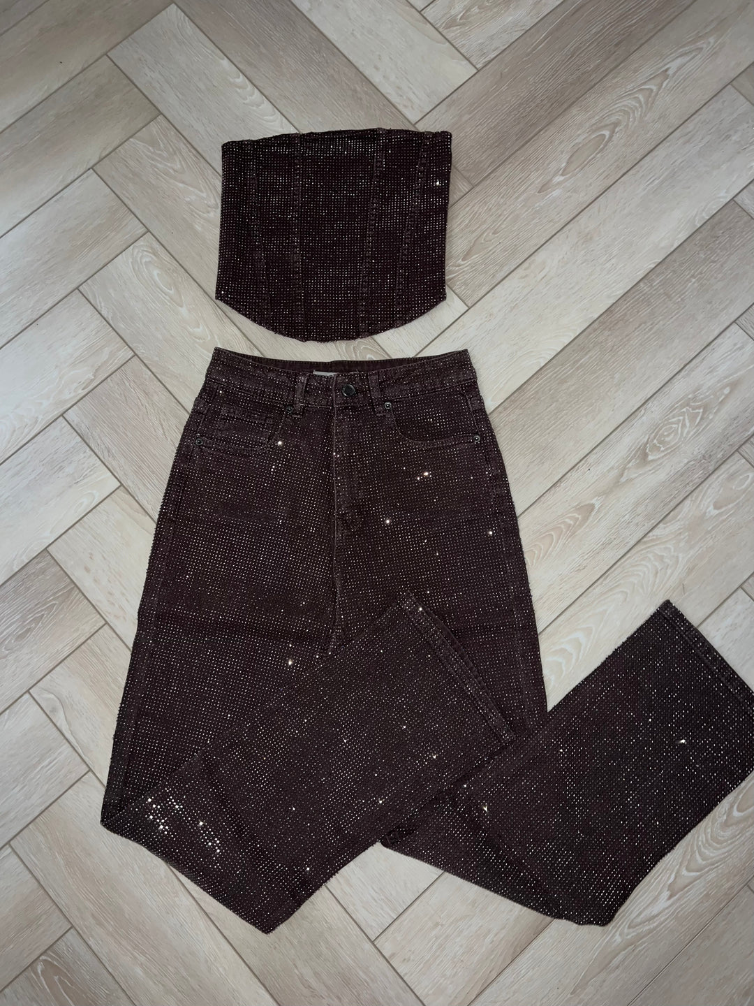 Chocolate Brown Diamanté Straight Leg Jeans