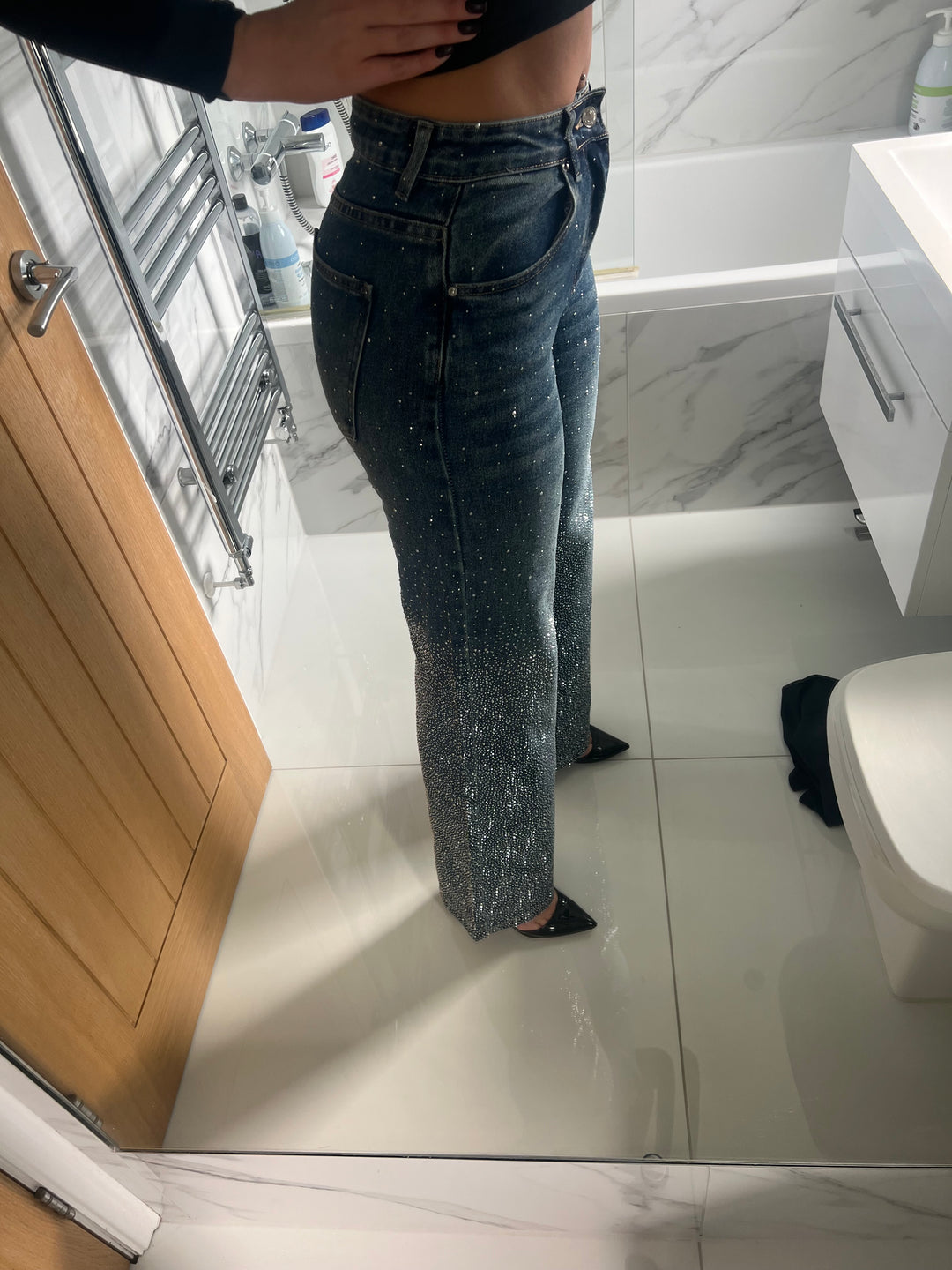 Dark Blue Plain Pocket Diamanté Ombre Jeans