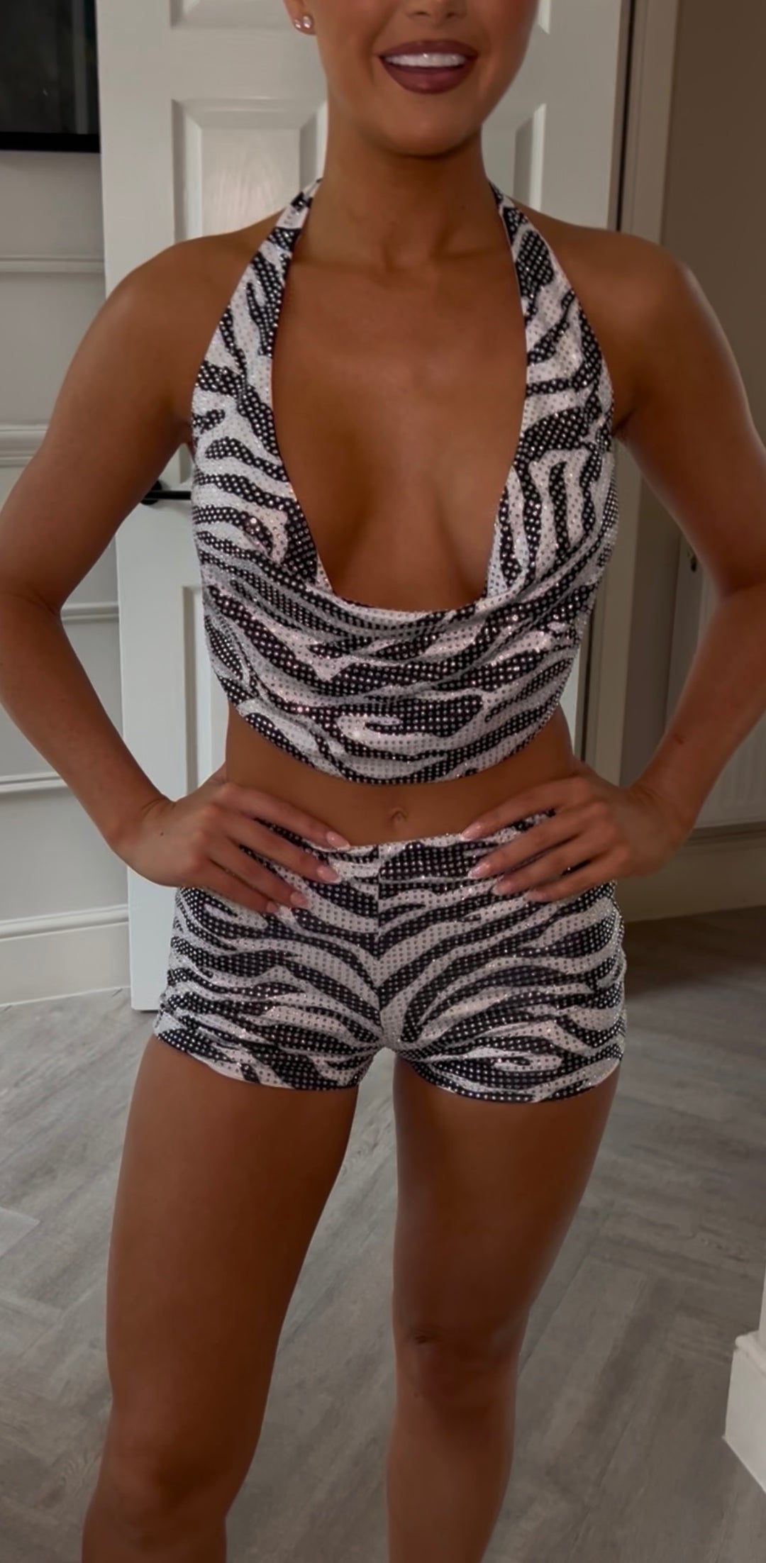 Zebra Diamanté Cowl Neck Short Set (First Release)