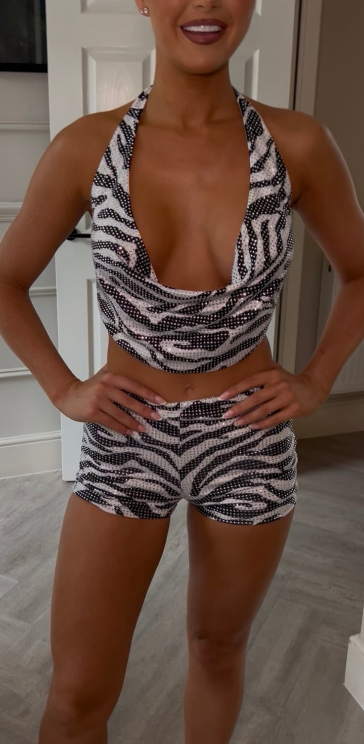 Zebra Diamanté Cowl Neck Short Set (First Release)
