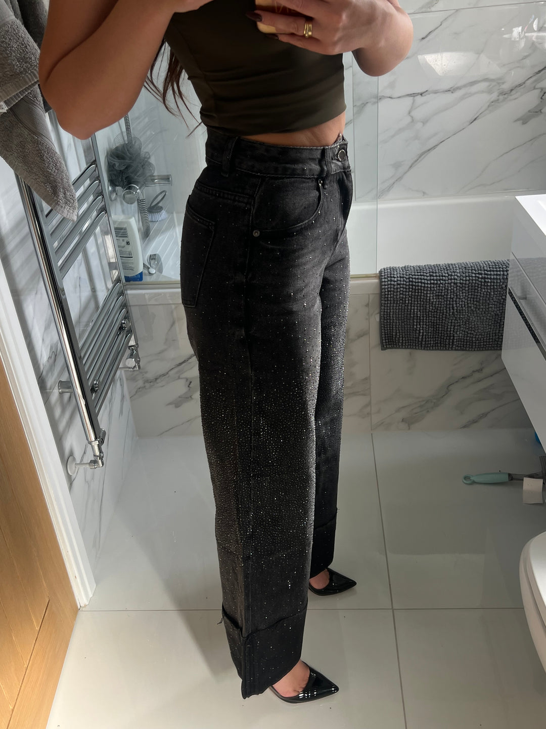 Dark Grey Folded Hem Diamanté Jeans