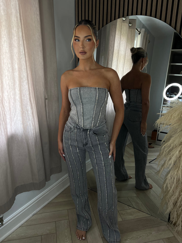 Acid Wash Grey Diamanté Detail Jeans