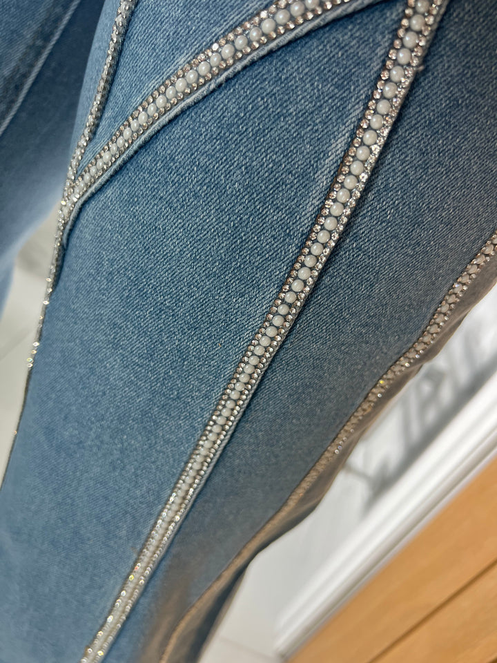 Pearl And Diamanté Detail Wide Leg Jeans