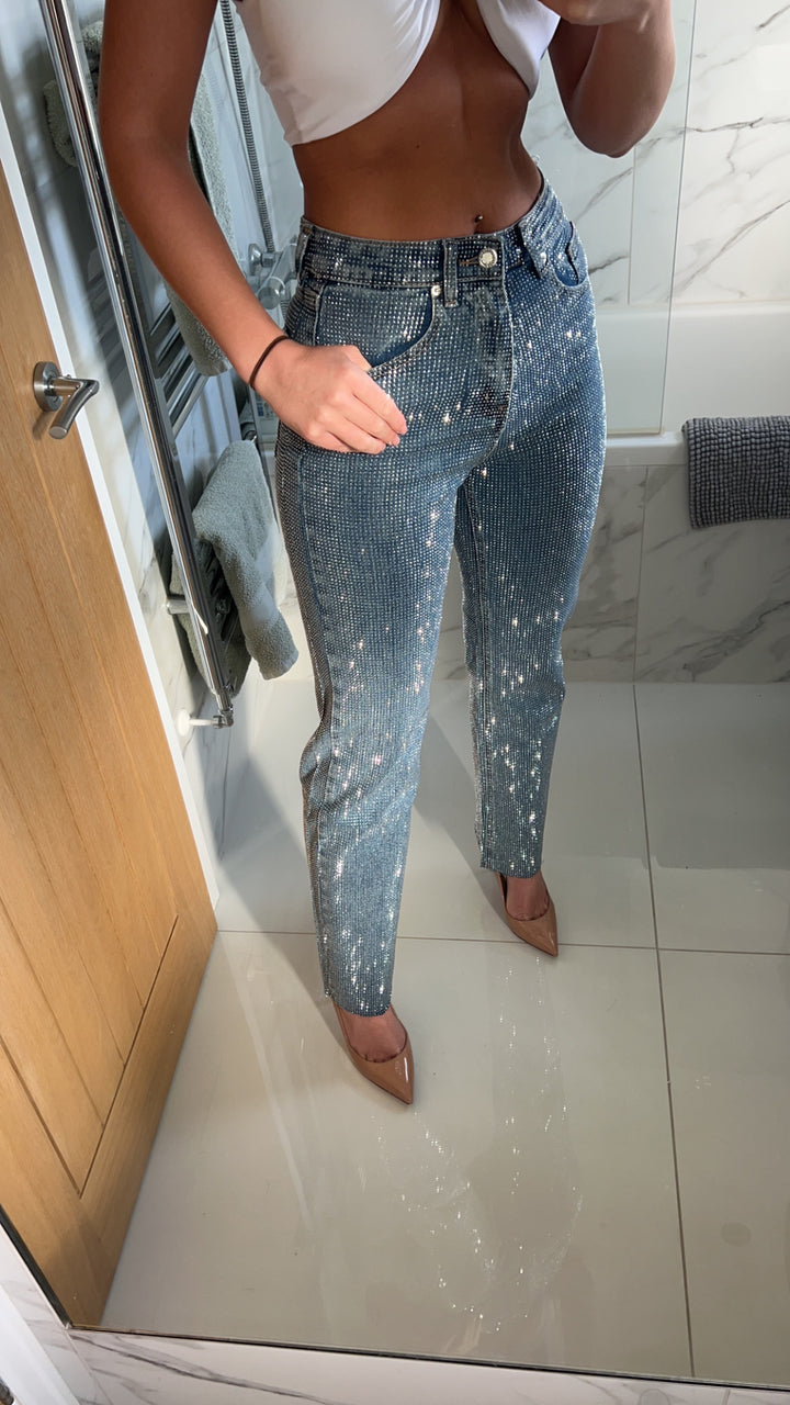 Dark Blue Straight Leg Diamanté Jeans