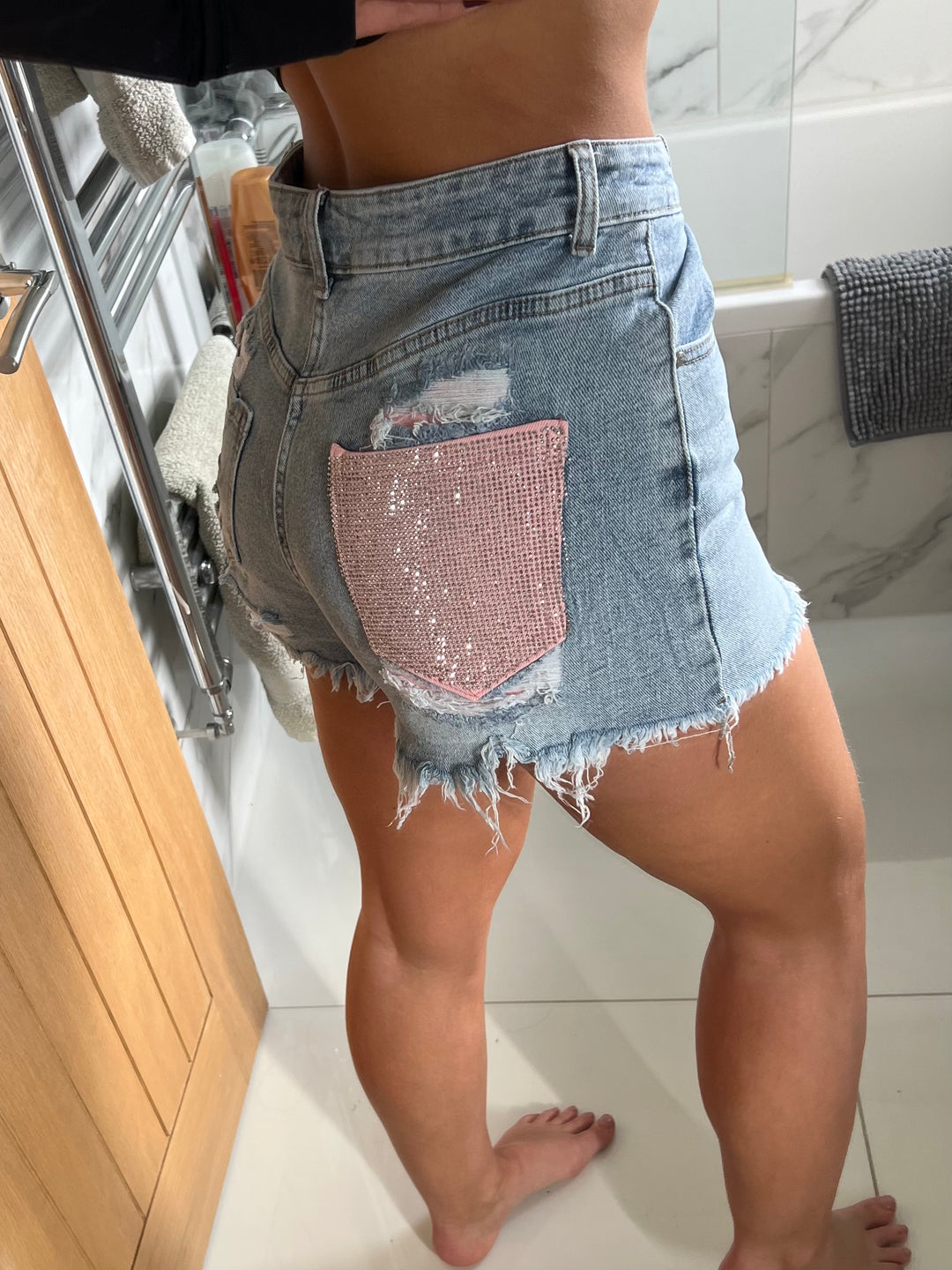 Mid Blue Pink Diamanté Pocket Shorts