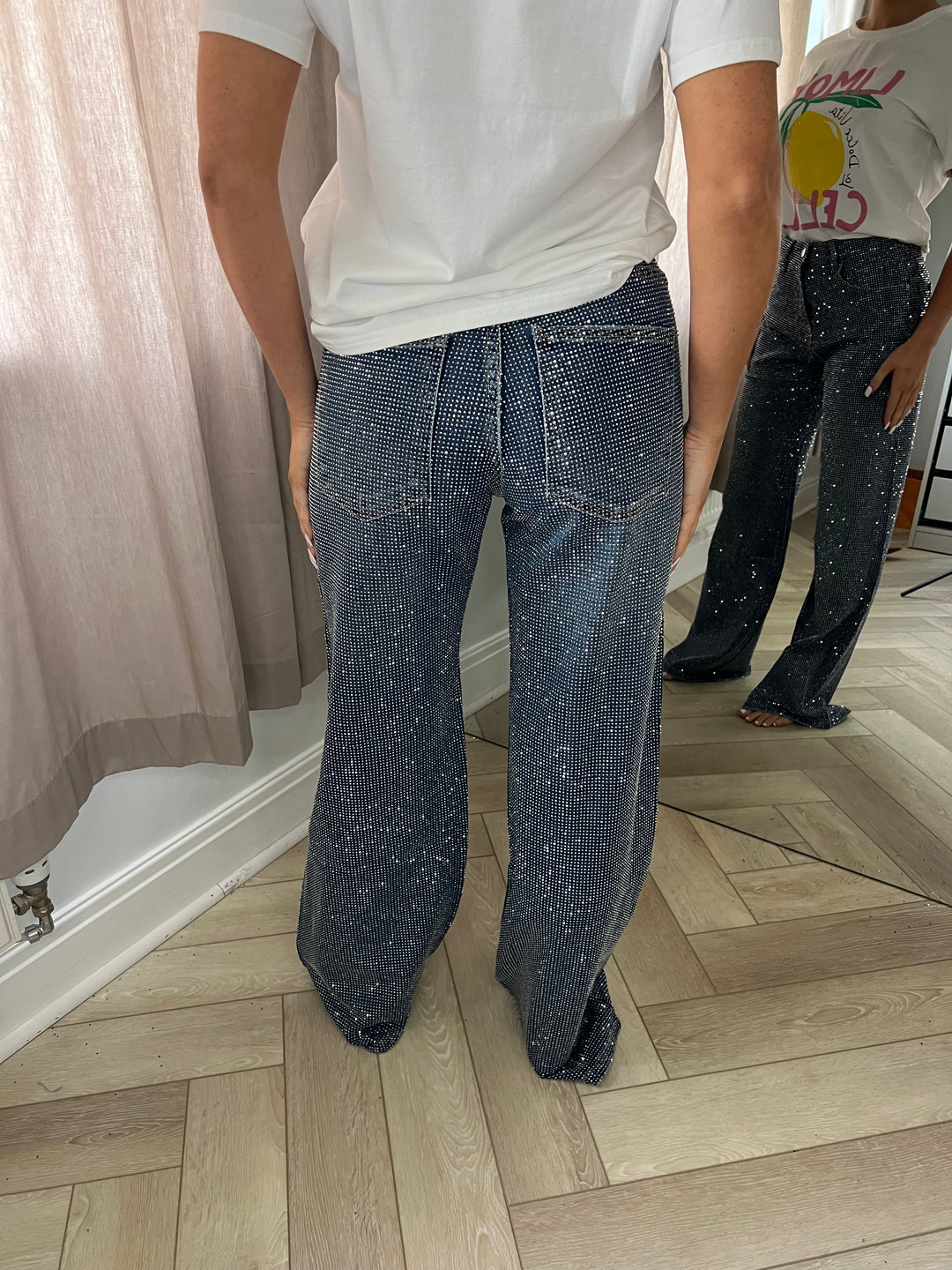 Tall 33” Dark Blue Diamanté Wide Leg Sparkle Covered Jeans