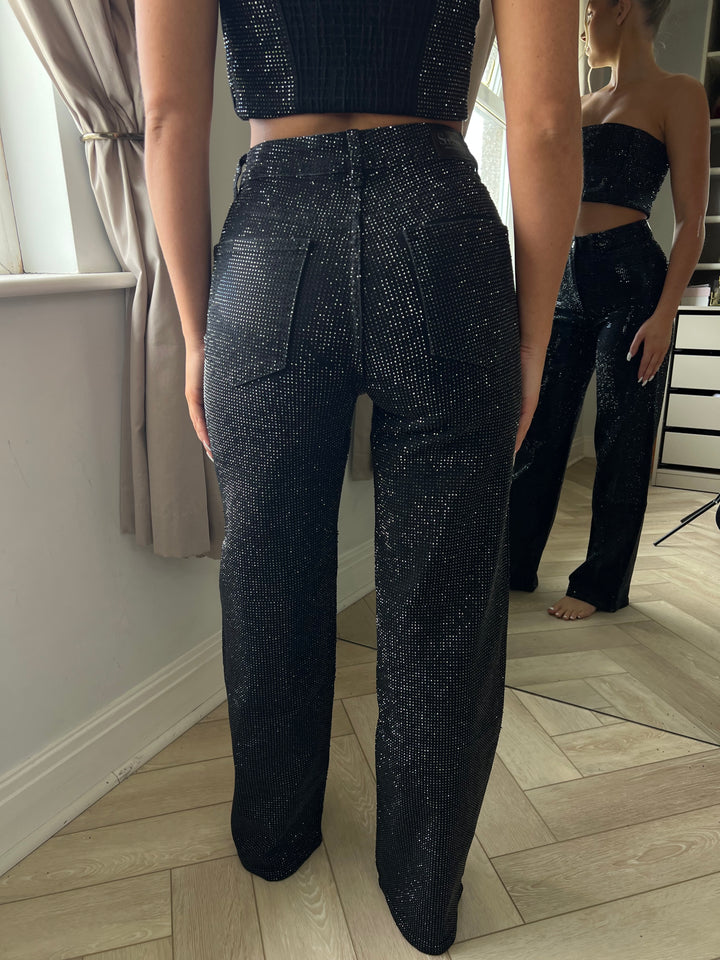 Black Diamanté Wide Leg Jeans