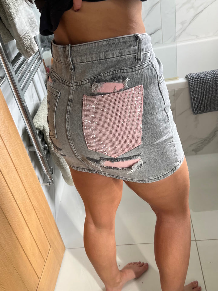 Grey Pink Diamanté Pocket Mini Skirt