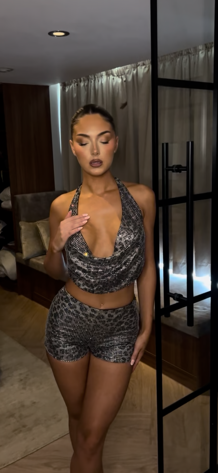 Leopard Diamanté Cowl Neck Shorts Set (First Release)