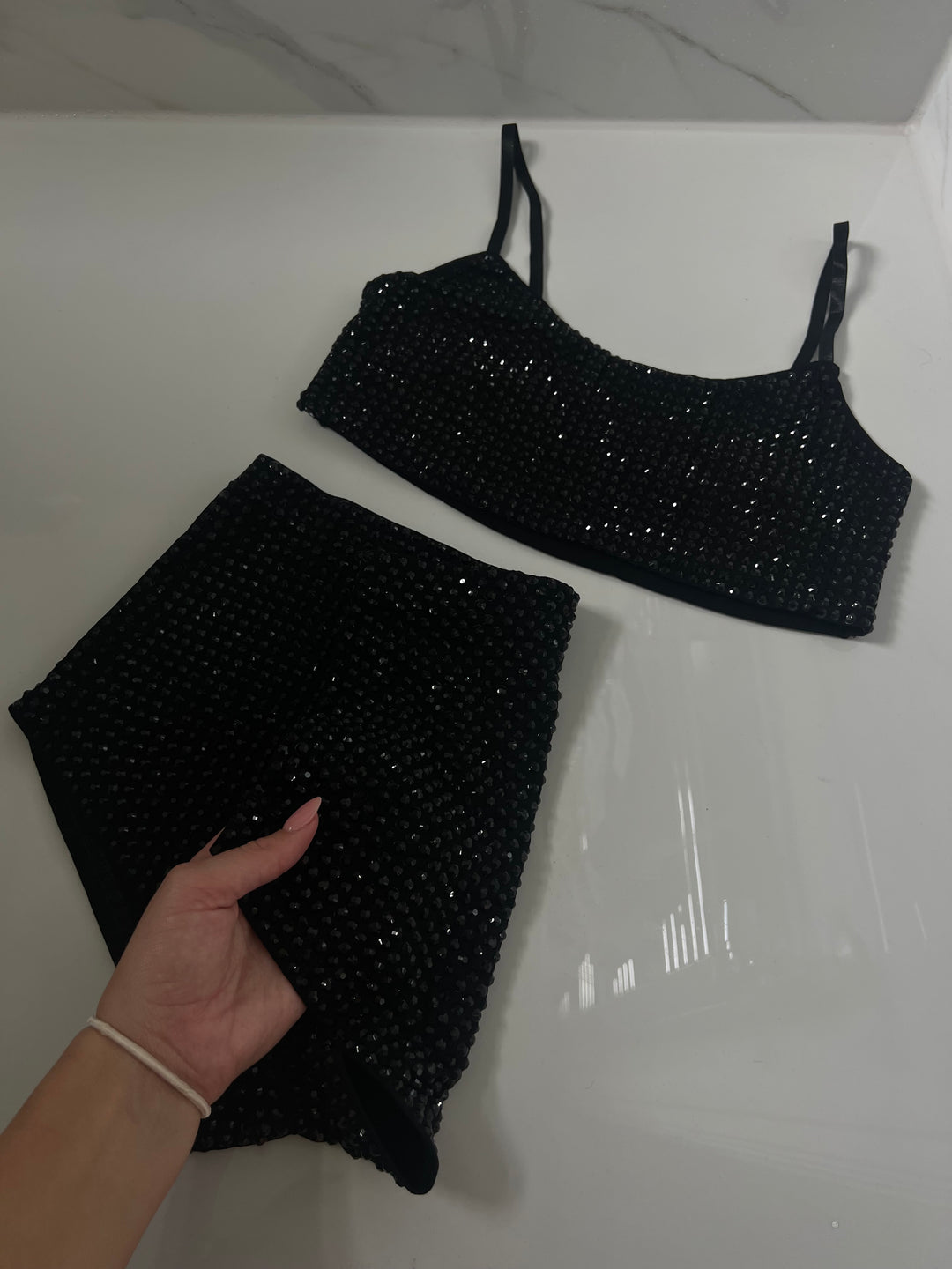 Black Diamanté HotPant Set