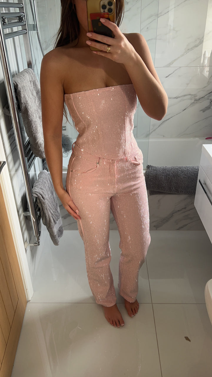 Baby Pink Straight Leg Diamanté Jeans