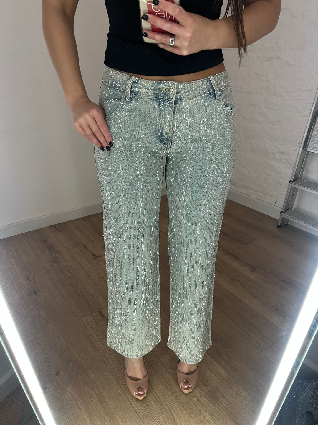 Acid Wash Diamanté Mid-Rise Star Wide Leg Jeans