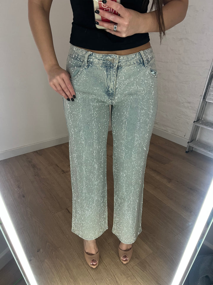 Acid Wash Diamanté Mid-Rise Star Wide Leg Jeans