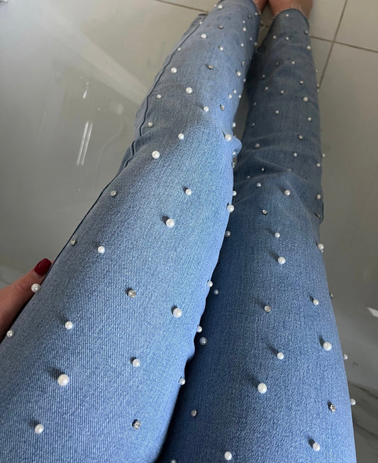 3D Pearl & Diamanté Straight Leg Jeans