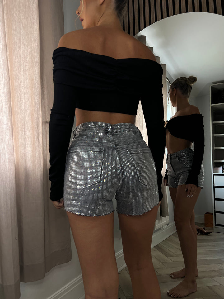 Grey Stretchy Diamanté Shorts