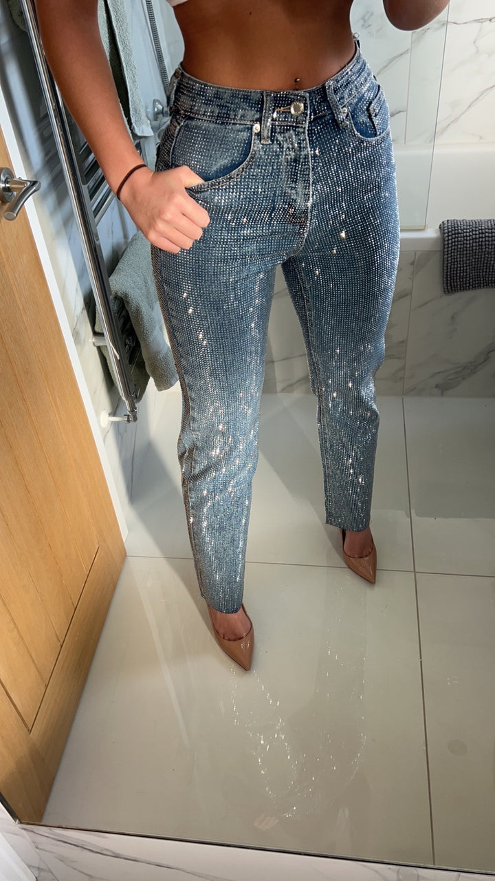 Dark Blue Straight Leg Diamanté Jeans