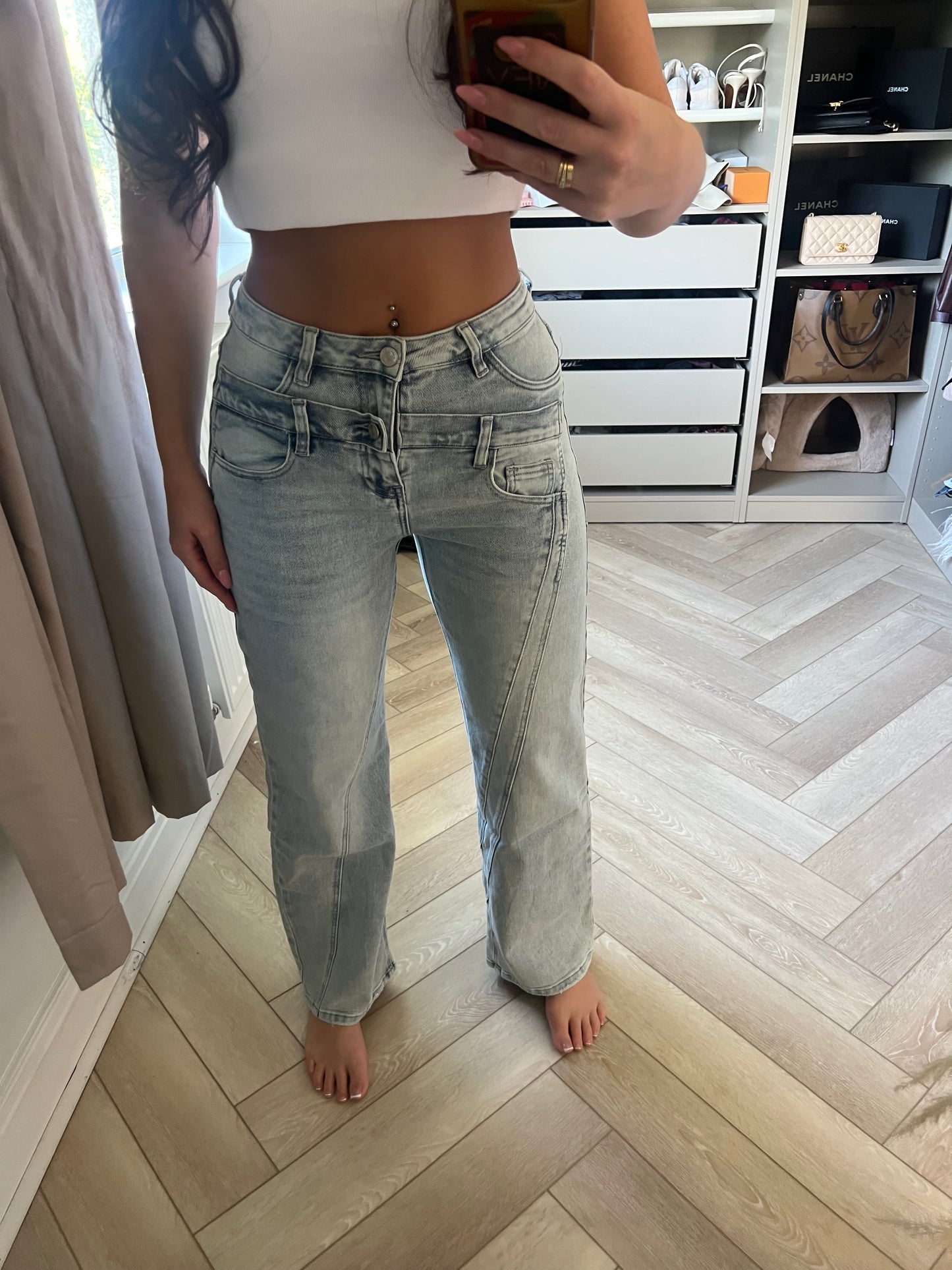 Blue Double Waistband Wide Leg Jeans