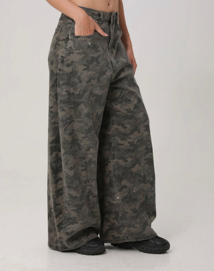 Camo Wide Leg Front Diamanté Jeans