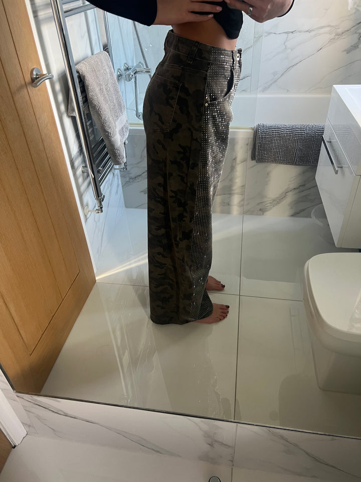 Camo Wide Leg Front Diamanté Jeans