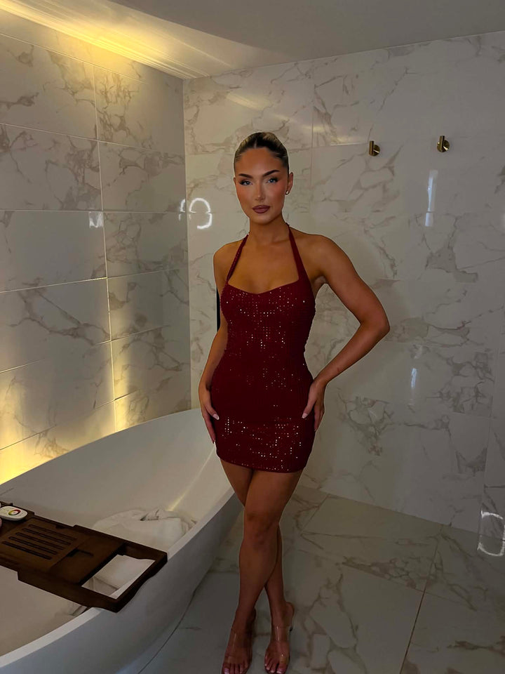 Cherry Red Diamanté Halter Mini Dress (First Release)